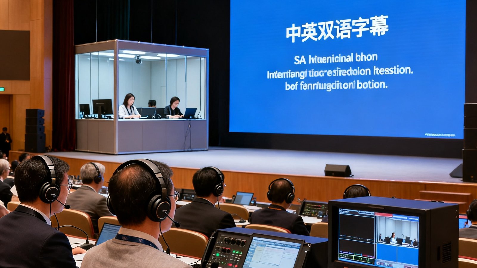 国际学术会议大厅内，参会者佩戴耳机聆听SA视讯平台提供的实时同声传译，舞台大屏幕显示中英双语字幕，译员工位在后方隔音间内专注工作，整体场景光线明亮、设备专业。