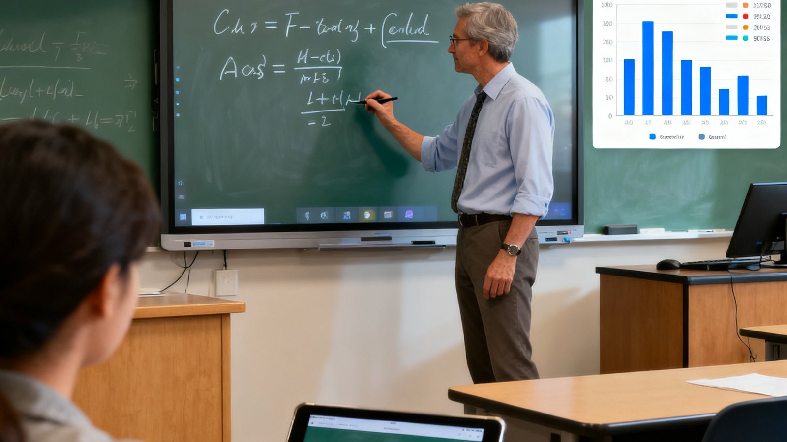 大学教室内，教授在电子白板上书写公式，SA视讯平台将板书实时同步到远端学生的平板电脑上，同时屏幕角落显示线上学生的视频头像，课堂互动投票结果以柱状图形式弹出在画面右侧。