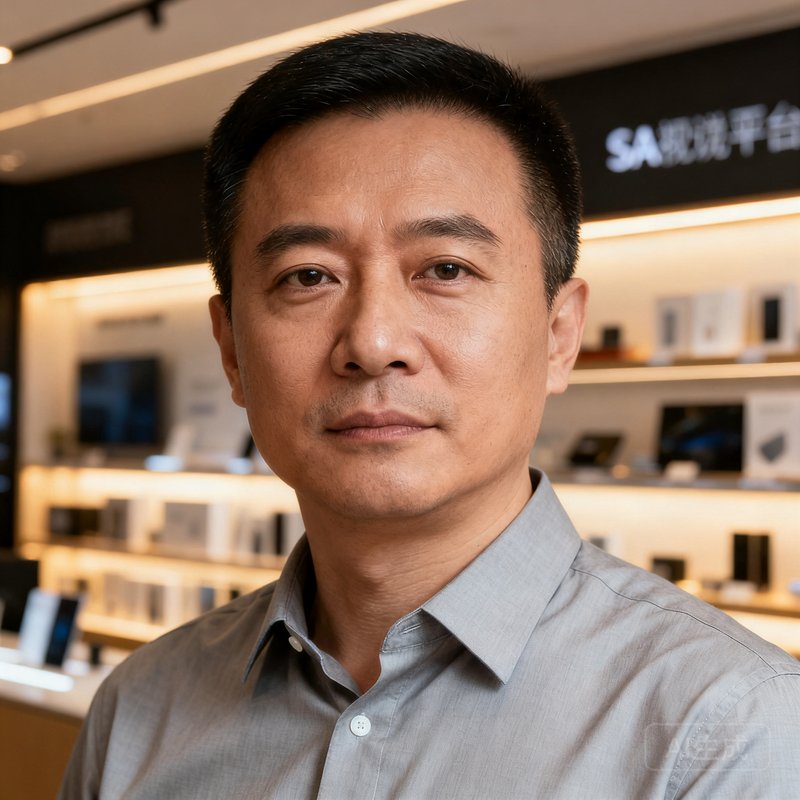 SA视讯平台CEO周明远半身照，四十岁左右男性，穿着浅灰色衬衫，背景为产品展示厅，表情坚定沉着。