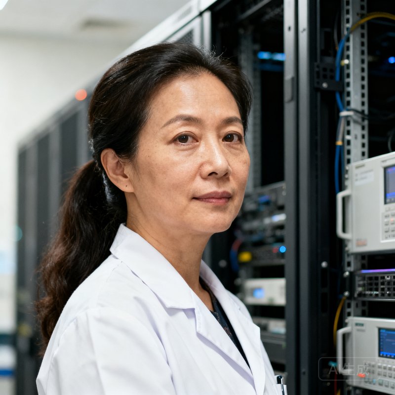 SA视讯平台CTO林雅琴半身照，三十八岁女性，长发束起，身着白色实验服外套，背景为服务器机房，眼神专注。